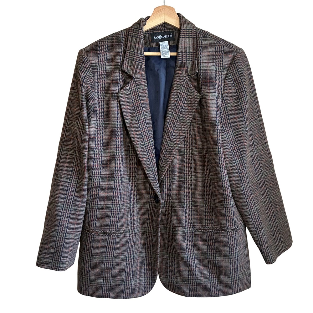 Vintage Sag Harbor F83026 Glen Plaid Blazer 18 Women Wool Blend Jacket